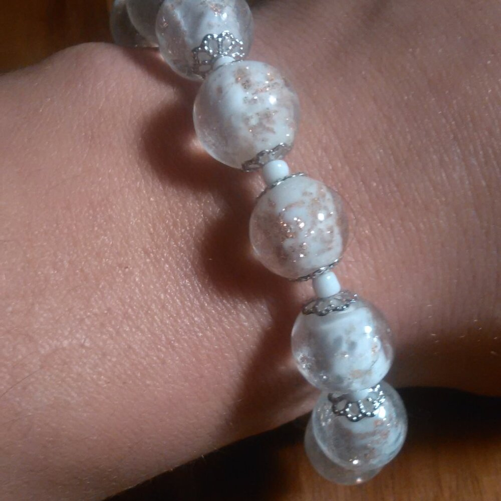White and Golden Murano Style Glass Beaded Stretch Bracelet